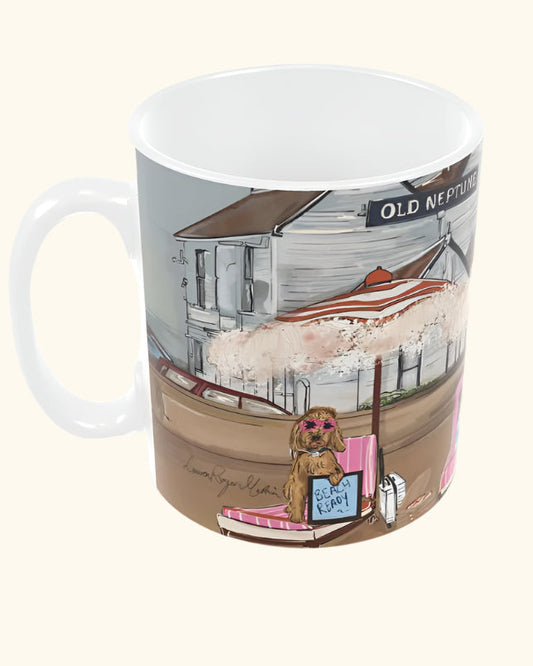 Mug with a design of a dog by a beach hut and sea, on a white background