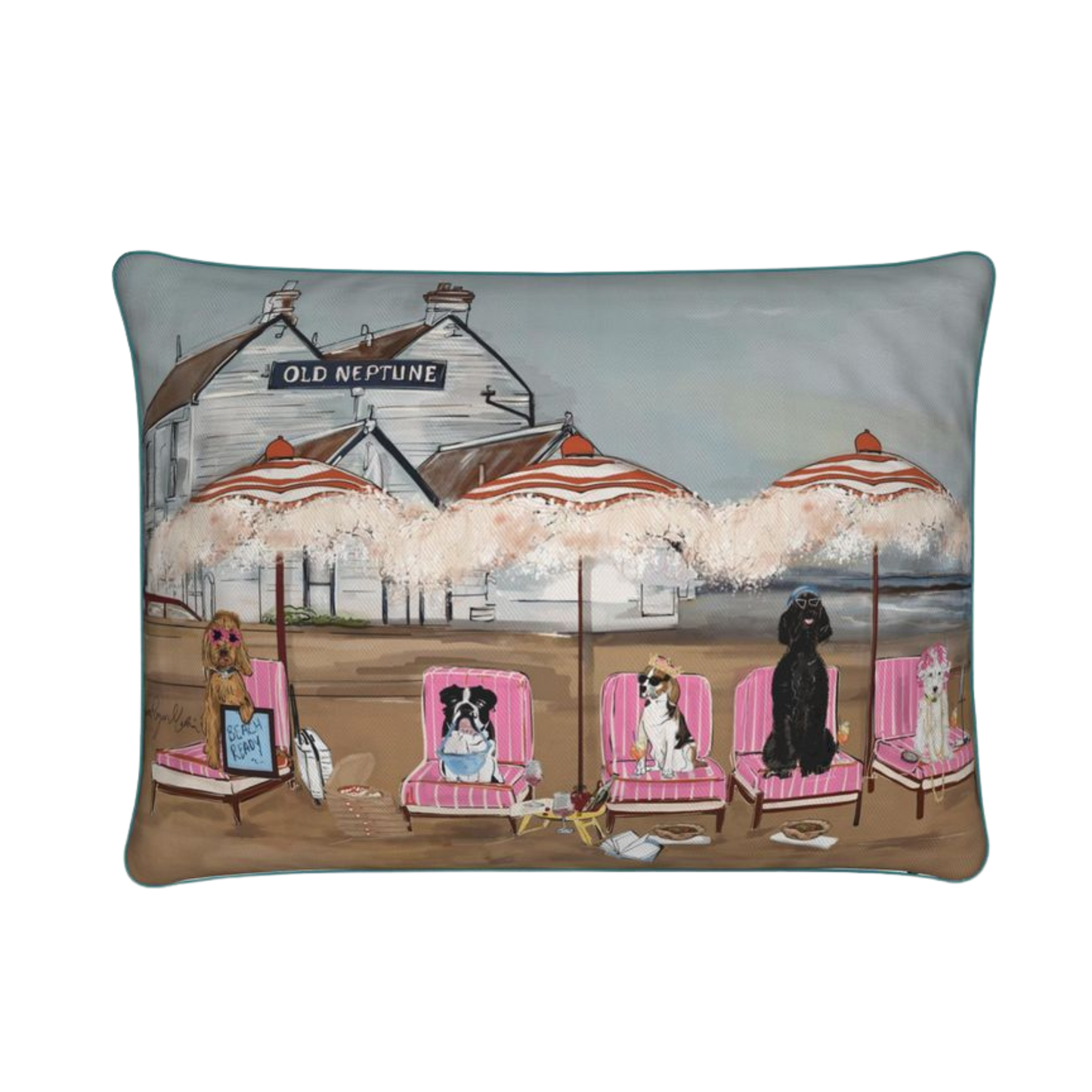 Decorative pillow with a beach scene featuring dogs in chairs and a pub named 'Old Neptune'.