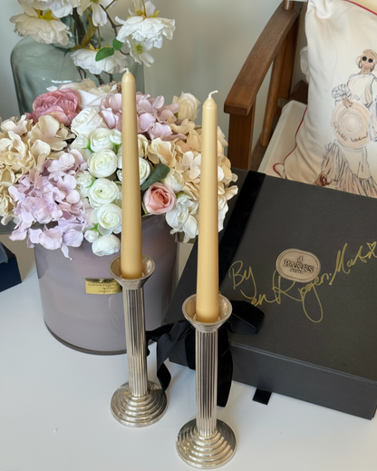 Parks London × Lauren Rogers-Martin Corinthian candlesticks — fluted column design 18 cm high, 470 g pair, limited-edition collaboration, boxed and hand-finished in the UK.