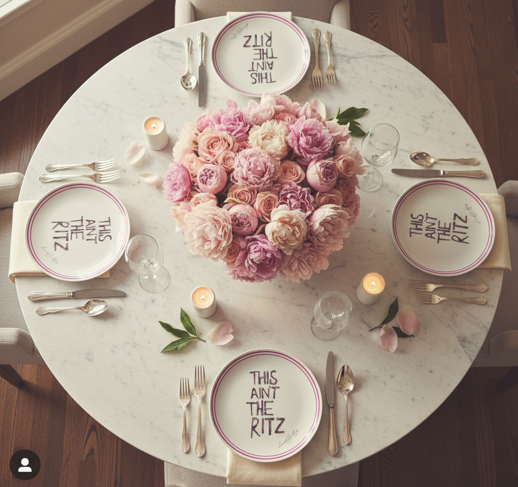 Round marble table set with pink floral centerpiece, 'This Ain't The Ritz' plates, and silverware.