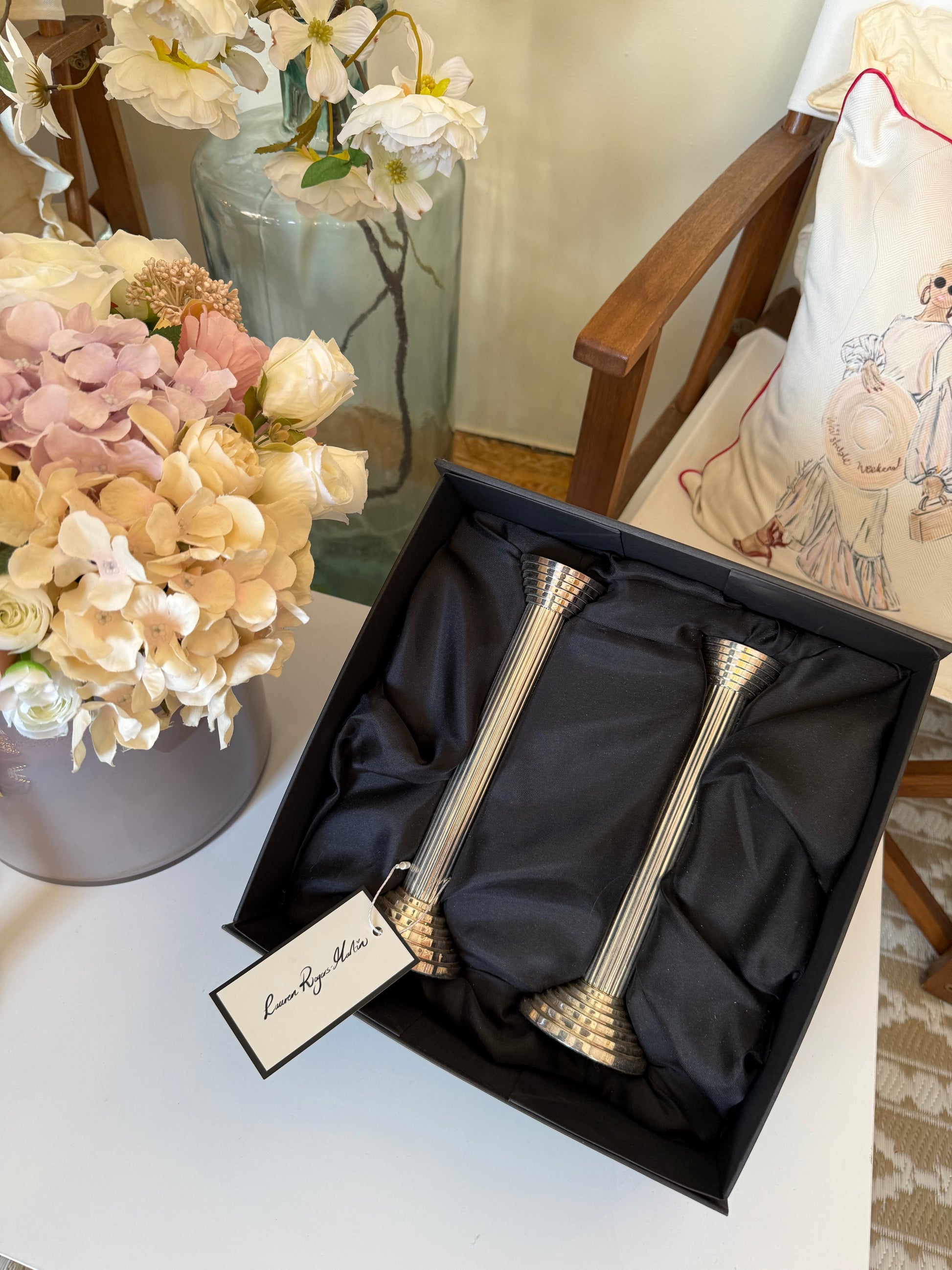 Parks London × Lauren Rogers-Martin Corinthian candlesticks — fluted column design 18 cm high, 470 g pair, limited-edition collaboration, boxed and hand-finished in the UK