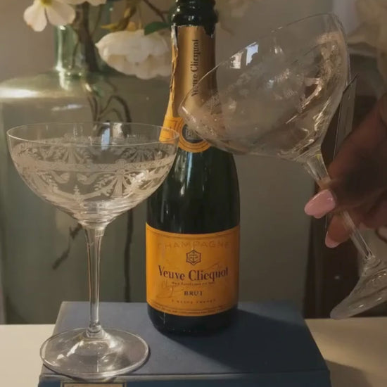 engraved crystal coupe, champagne coupe UK, hand-engraved glassware, Victoria coupe glass, luxury champagne glass, crystal cocktail coupe, dessert glass coupe, handmade crystal glass UK, traditional engraved glass, British tableware