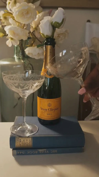 engraved crystal coupe, champagne coupe UK, hand-engraved glassware, Victoria coupe glass, luxury champagne glass, crystal cocktail coupe, dessert glass coupe, handmade crystal glass UK, traditional engraved glass, British tableware